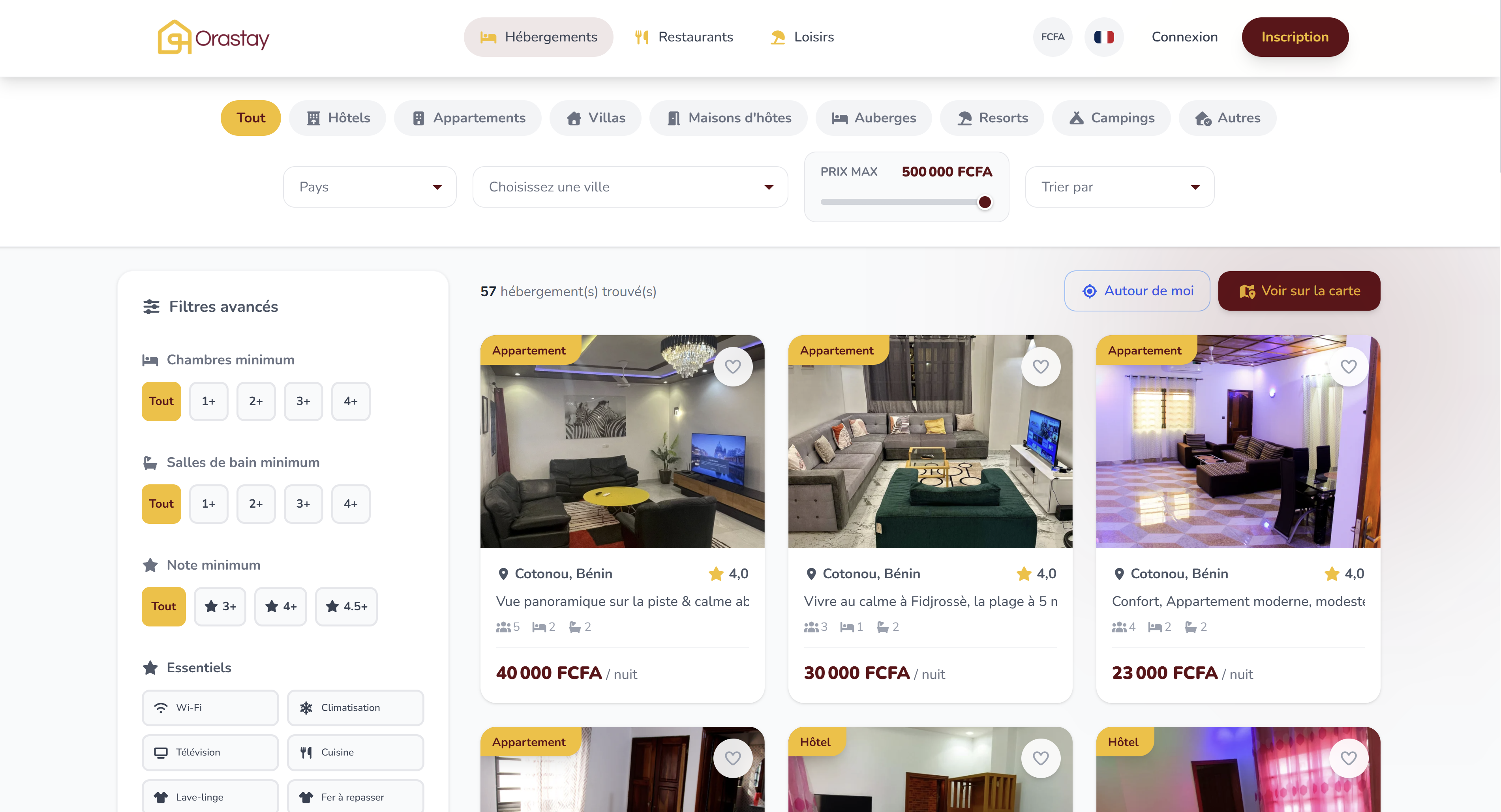 OraStay : page de recherche de logements avec filtres et hébergements disponibles