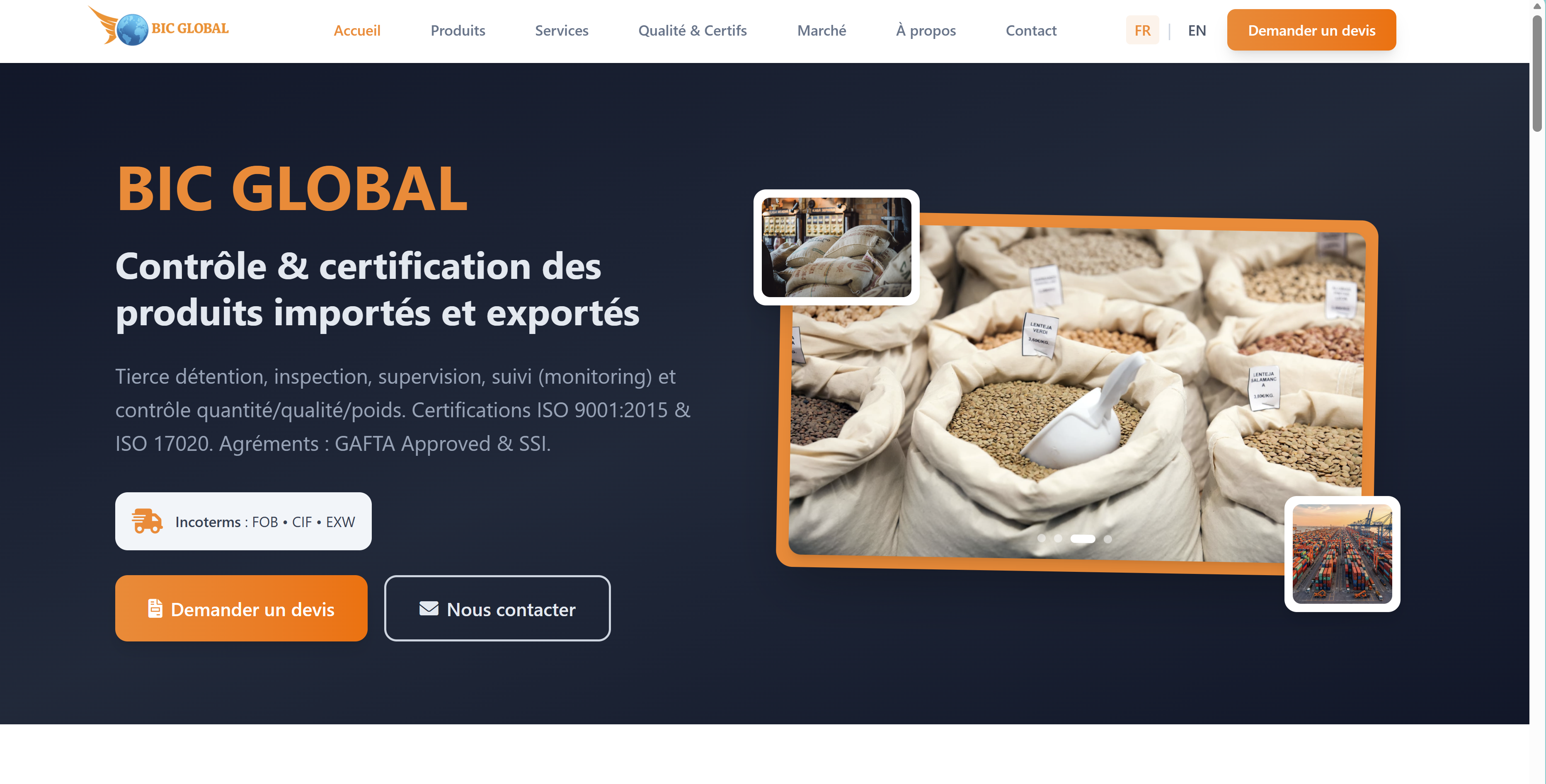 Page d’accueil du site BIC GLOBAL consacrée au contrôle et à la certification de produits agricoles